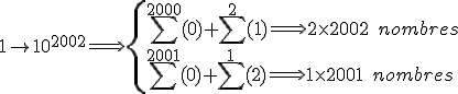 1\to 10^{2002} \Longrightarrow \left\{\sum^{2000}(0)+\sum^2(1)\Longrightarrow 2\times 2002\quad nombres\\ \sum^{2001}(0)+\sum^{1}(2)\Longrightarrow 1\times2001\quad nombres\right.